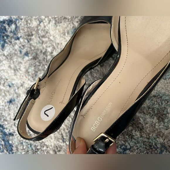 BCBGeneration Black Patent Leather Open Toed High Heels Shoes - Picture 8 of 11